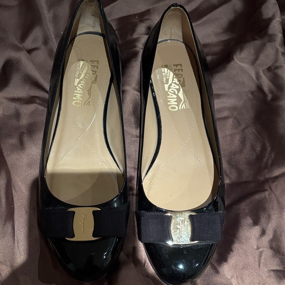 Salvatore Ferragamo Black Patent Leather Flats